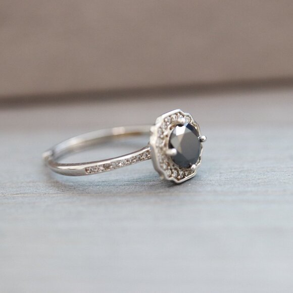 S925 1cttw Black Moissanite Diamond Flower Halo Style Engagement Ring Silver - Picture 3 of 6